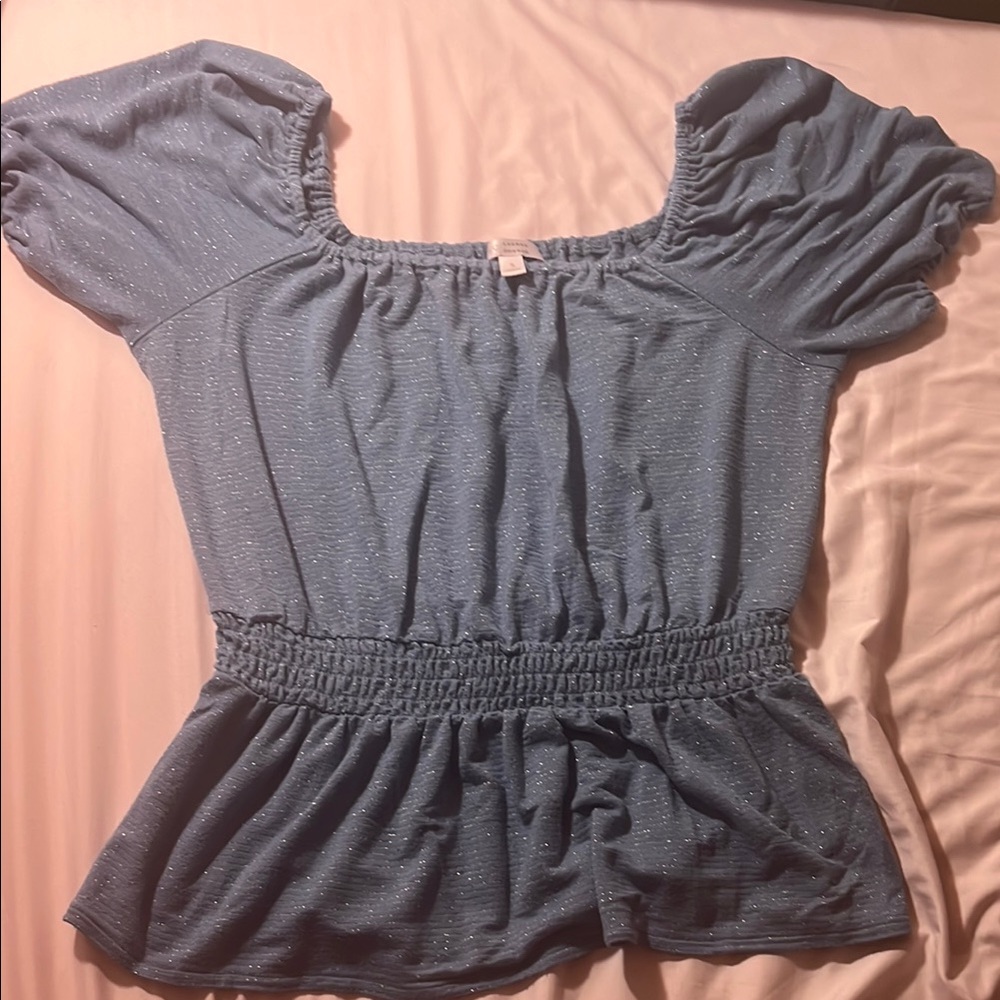 LC Lauren Conrad Gray Puff Sleeve Smocked Blouse